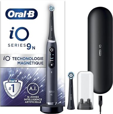 Oral-B iO 9N Cepillo de Dientes Eléctrico con Mango Recargable, 2 Cabezales y Estuche de Viaje con Cargador , Diseñado por Braun - Negro